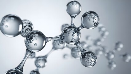 Close-up view of a transparent molecular structure with water droplets on a gray background