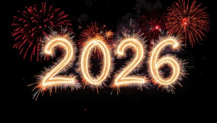 Golden sparkling 2026 numbers illuminating the dark sky, surrounded by vibrant red fireworks explosions. Concept for New Year's Eve, calendars, and future celebrations.