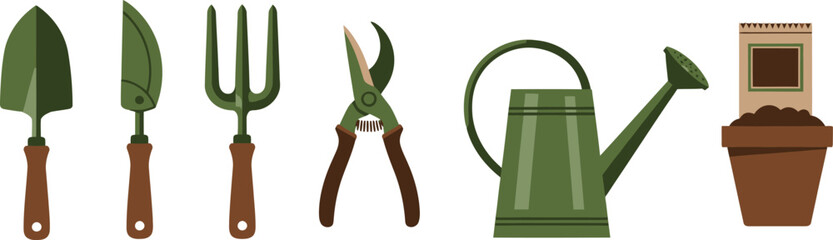 Minimalist flat vector set of 6 gardening tools hand trowel gardening fork pruning shears watering can plant pot and seed packet