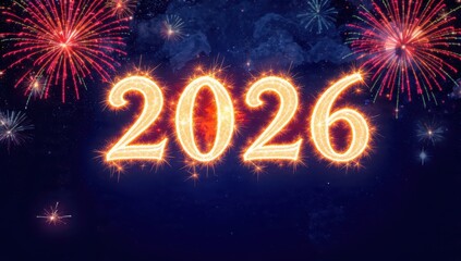 2026 New Year's Eve celebration background with sparkling golden digits and vibrant fireworks explosions against a dark starry blue night sky.