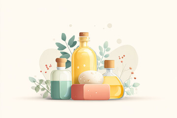 Stylish Arrangement of Bottles and Soap with Natural Elements