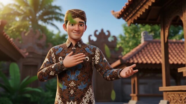Animated Indonesian Man in Traditional Batik Shirt Welcoming Guests.