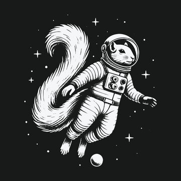 Monochrome illustration of a whimsical squirrel astronaut in space.