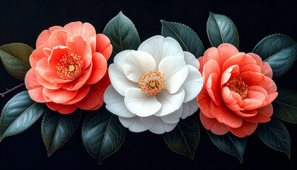 Camellia Flowers on Black Background
