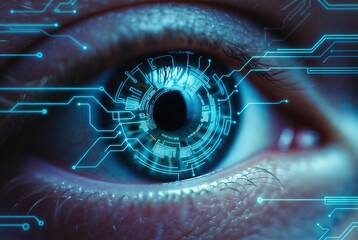 Human eye detailed with glowing blue futuristic circuit board patterns, representing advanced bionic technology and digital integration on a dark background.