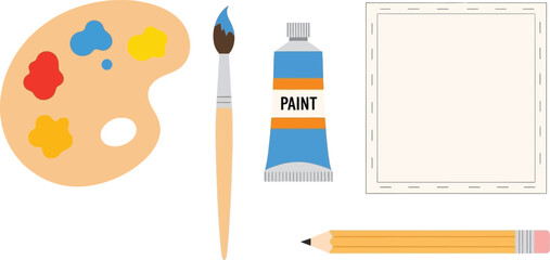 Minimalist flat illustration set of 5 art supplies paint palette paintbrush tube of paint canvas and pencil