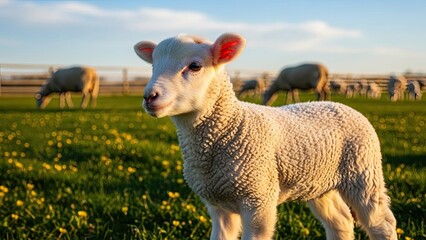 Obraz premium Adorable lamb standing in green field with yellow flowers and flock grazing