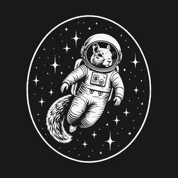 Whimsical illustration of a squirrel astronaut floating in space.