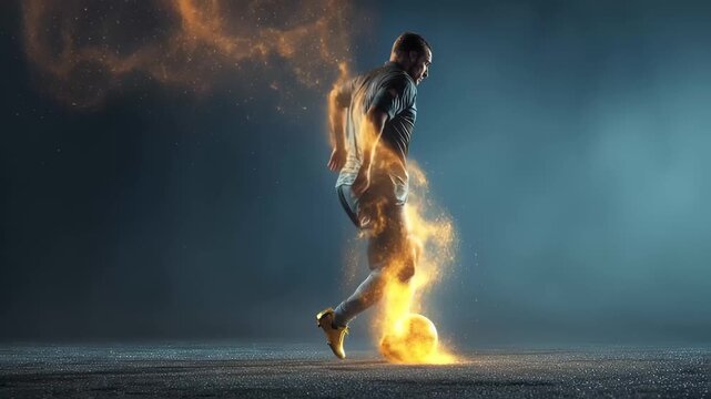 Soccer Player Kicking a Ball with Energetic Trail Effect, Soccer player energetically kicks a ball, leaving a dynamic trail effect behind them on the field