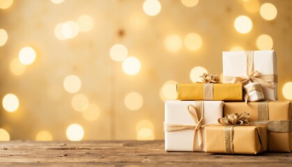 Gift boxes with bows on wooden table and blurred golden background  