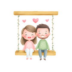 Cute watercolor-style illustration of a young couple, a girl and a boy, sitting together on a swing, romantic and gentle scene isolated on a transparent background