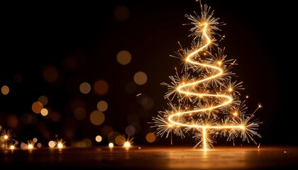 Sparkling Christmas tree made of glowing lights on dark background  