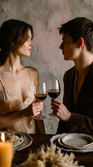 Couple clinks organic wine, mahogany table, cinematic moody pastel lighting. Blend cinematic deep shadows with soft mauve and amber pastel ambient lighting.