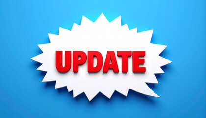 Bold red 3D "UPDATE" text inside a white jagged speech bubble on a bright blue background