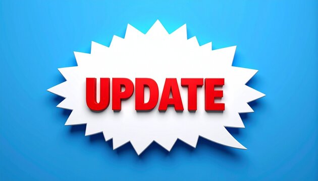 Bold red 3D "UPDATE" text inside a white jagged speech bubble on a bright blue background - Powered by Adobe