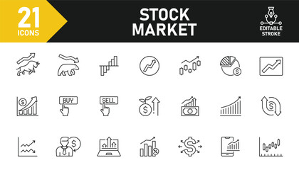 Stock market line icon set. Set of 21 outline icons related to bear market, bull market, stock market, trading, portofolio, exchange, investment and others. Editable stroke. Vector illustration.