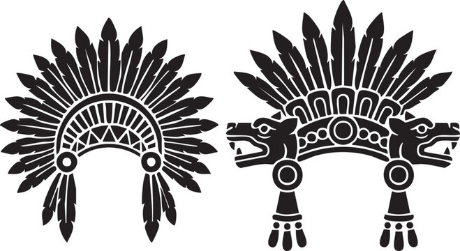 Two black silhouette Aztec headdresses with feathers and animal heads maya indigenous