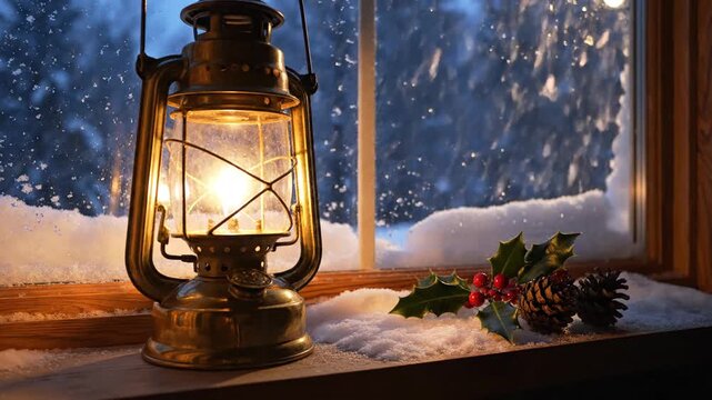 A warm lantern illuminates a winter scene with snow, holly, and pine cones on the windowsill.