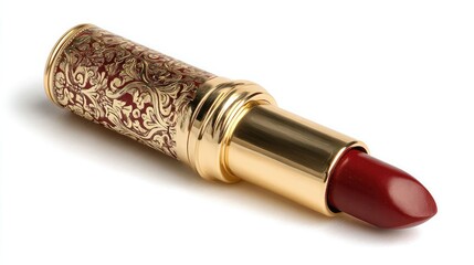 Luxury Red Lipstick in Vintage Gold Ornate Case Isolated on White Background