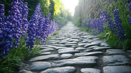 Sunlit cobblestone path with blooming purple lupine flowers
