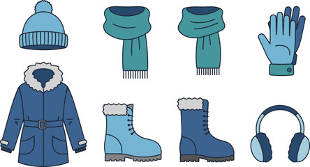 Minimalist flat vector set of 6 winter clothing items beanie hat scarf gloves winter coat boots and earmuffs