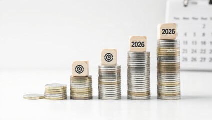 Financial growth concept showing ascending stacks of coins forming a bar graph, topped with wooden blocks displaying the year 2026 and a business target symbol on a clean white background.