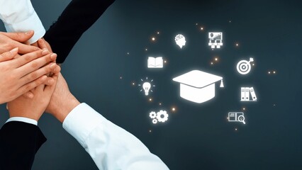 A visually engaging depiction of diverse hands coming together around educational icons,...