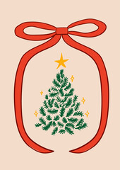 Holiday greeting card with christmas tree and bow frame. Vector hand drawn illustration in elegant vintage style