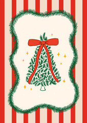 Holiday vintage greeting card with christmas tree and fir branches frame on striped background. Elegant hand drawn vector illustration