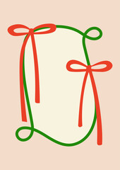 Simple and minimalist hand drawn frame with red bows. Vector flat illustration in vintage whimsical style. Holiday greeting card template