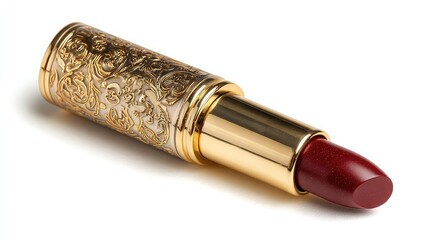 Luxury Red Lipstick in Vintage Gold Ornate Case Isolated on White Background