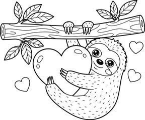 Naklejka premium Adorable Sloth Embracing Heart in Black and White Illustration