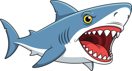 Obraz premium Angry blue great white shark cartoon character swimming with open mouth and sharp teeth, ocean predator mascot for sea life.