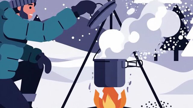 Winter Outdoor Cooking Scene Depicting A Person Preparing Food Over A Campfire