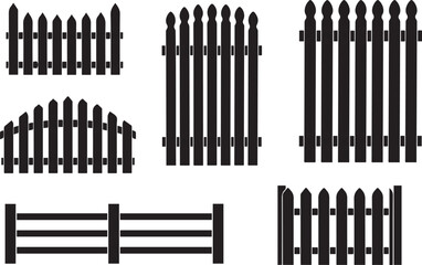 Collection of Black Silhouette Picket Fence Designs on White Background Keywords: fence, picket fence, garden
