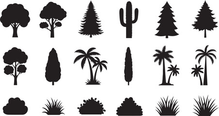 Collection Of Black Silhouette Trees Cacti And Bushes In Rows cactus plant