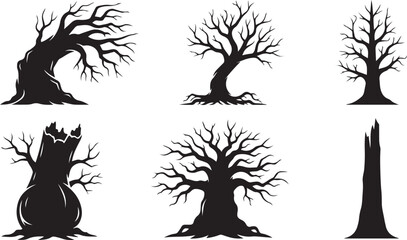 Collection of six stylized black silhouettes of spooky bare trees and stumps dead