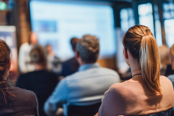 Close up of a Group of people attend corporate event. Female Audience watches projection screen with sustainability presentation . Professionals learn in classroom setting. Teamwork, education, strate