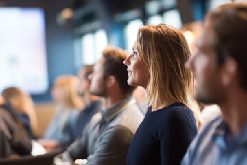Close up of a Group of people attend corporate event. Female Audience watches projection screen with sustainability presentation . Professionals learn in classroom setting. Teamwork, education, strate