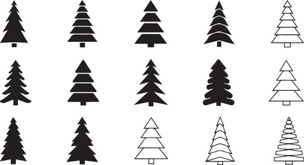 Collection of Stylized Black and White Christmas Tree Icons silhouette symbol