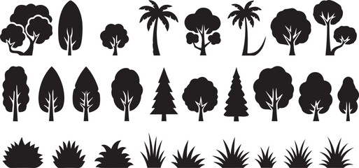 Diverse Black Silhouettes of Trees and Bushes on White Background plant nature
