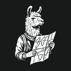 Fototapeta premium Well dressed llama adventurer planning a trip with a world map.