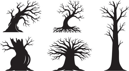 Spooky Black Silhouettes of Gnarled and Bare Trees on White vector illustration