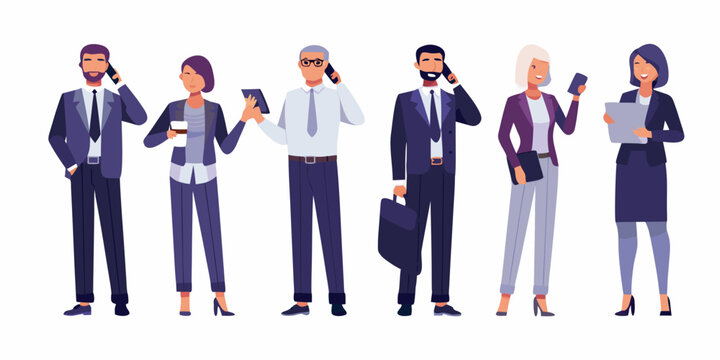 Diverse group of professionals communicating with mobile devices in a line