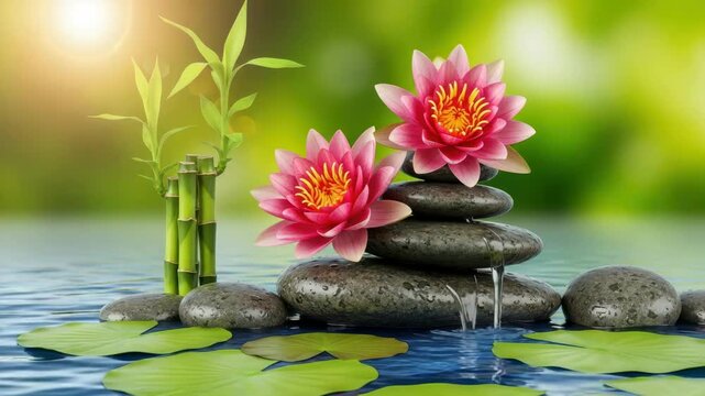 Serene Harmony: A pair of vibrant lotus flowers float atop a meticulously balanced arrangement of stones, a bamboo, and rippling water, evoking a sense of tranquility and inner peace.