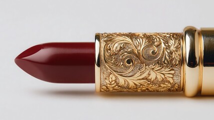 Luxury Red Lipstick in Vintage Gold Ornate Case Isolated on White Background