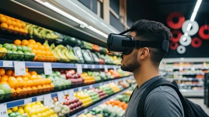 VR Shopping: A shopper, immersed in a virtual reality experience, navigates a supermarket aisle, examining fresh produce.