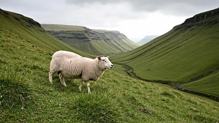 Sheep Grazing on Lush Green Hills in a Serene Valley Landscape