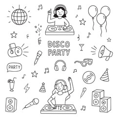 Lively vector illustration of a DJ playing music at a disco party with musical notes, disco ball, microphone, and party elements. Perfect for party-related designs and themes