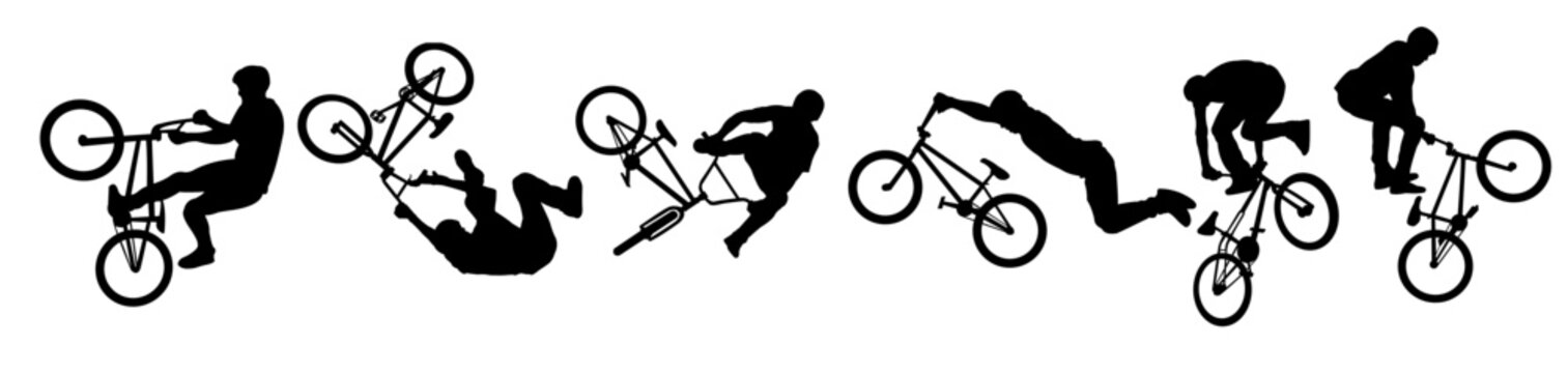 set of BMX cyclists silhouettes isolated on white background, BMX stunt silhouettes, BMX freestyle silhouettes, bmx cyclists freestyle vector illustration